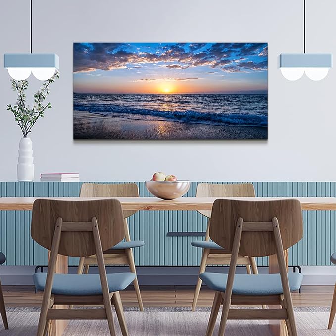 Wapluam Beach Wall Art -Blue Sea Coastal Sunset Natural Scenery Picture -Print On Canvas Ocean Seascape Canvas Print Artwork for Living Room Bedroom Bathroom Home and Office Wall Decor 24" x 48"
