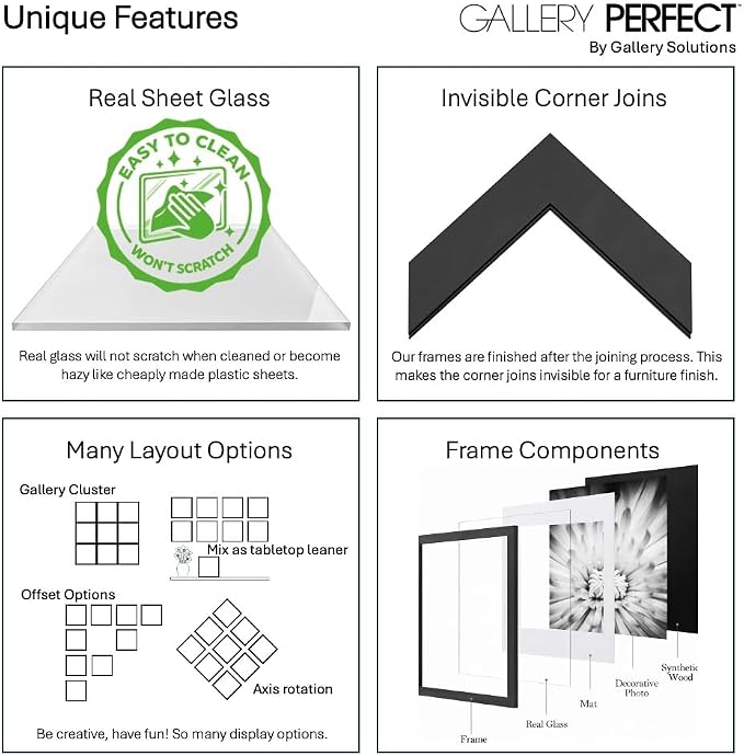 Gallery Perfect 12x12 Picture Frames, 9 Piece Set with Real Glass Cover for 8x8 Photos With Mat, Picture Frames Collage Wall Decor for Gallery Wall, Home Decor, Black