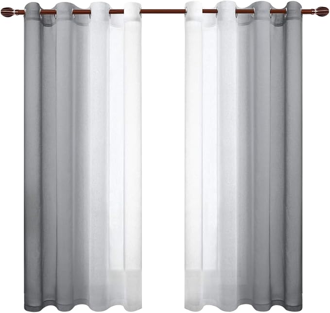 DWCN Grey Ombre Sheer Curtains - Faux Linen Semi Voile Gradient Bedroom and Living Room Curtains, Set of 2 Grommet Top Window Drape Panels, 52 x 63 Inch Length