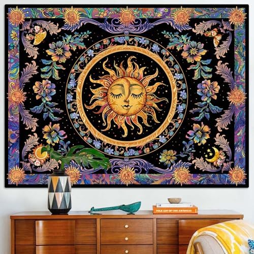 Accnicc Sun and Moon Tapestry Psychedelic Floral Plant Tapestries for Bedroom Aesthetic Hippie Boho Flower Tapestry Wall Hanging for Dorm Living Room (80'' × 60'')