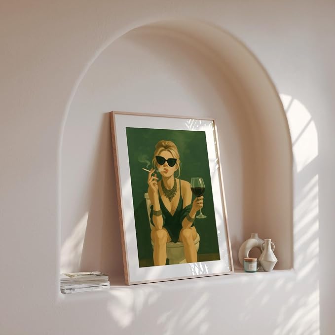 YUECOSHMAO Dark Green Bathroom Wall Art Fashionable Girl Canvas Art Print Interesting Toilet Decoration Murals Modern Toilet Murals for Laundry Room Bathroom Home Decoration Poster16X24 Inch Unframed