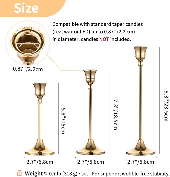Candlestick Holders Taper Candle Holders, Set of 3 Candle Stick Holders Set, Brass Gold Candlestick Holder Set, Vintage Modern Decorative Centerpiece for Table Mantel Wedding Housewarming Gift | Set of 3 Solid Brass Candle Stick Taper Holder Chic Cente...