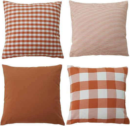 HOPLEE Orange Farmhouse Fall Pillow Covers 16x16 Decorative Throw Pillow Cover Cushion Cover with Buffalo Plaid, Solid Orange, Striped and Gingham Plaid Design 16x16 inches,4 Pack