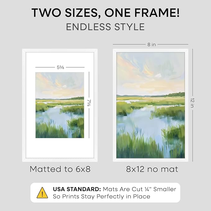 Homeforia 8x12 White Picture Frame, High-End Metal, 6x8 Mat, Glass