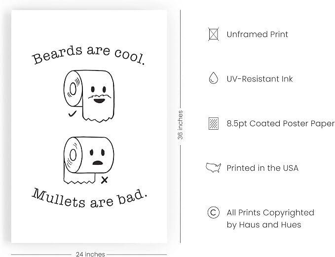 HAUS AND HUES Funny Bathroom Decor & Bathroom Prints, Restroom Humor Wall Decor Funny Beard/Mullet Signs (Unframed 24x36)