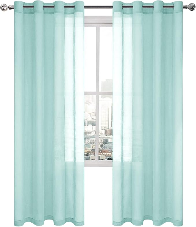 DWCN Sheer Curtains Faux Linen Grommet Window Curtain Voile Sheer Drapes for Living Room Set of 2 Panels 52 x 84 Inch Long, Mint Green