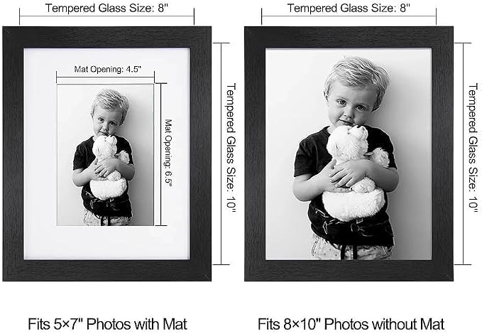 Boarding 8x10 Picture Frame-Black,5x7 Mat,Tempered Glass,Engineered Wood