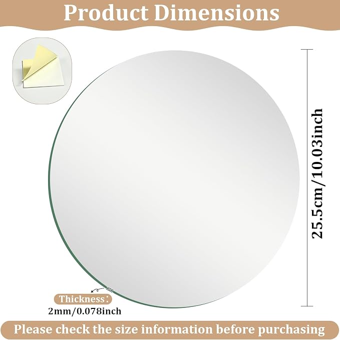 10 inch Frameless Glass Round Mirror for Wall Decor, 2mm Thin Thick | High Clear No Distortion Glass Circle Mirror for Bathroom, Home Decor, Round Mirror Tray Plate Panel for Table Centerpiece
