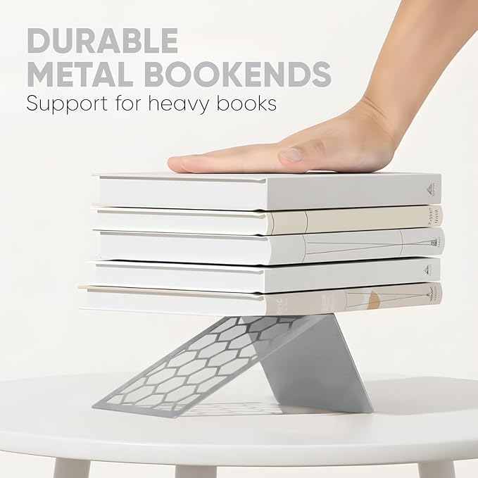 Gray Geometric Honeycomb Metal Bookends - Book Ends for Shelves - Decorative Modern Heavy Duty Bookend Stopper - Book Ends for Heavy Books - Home Office Book Holder - 1 Pair, 6x3.25x6.25 in
