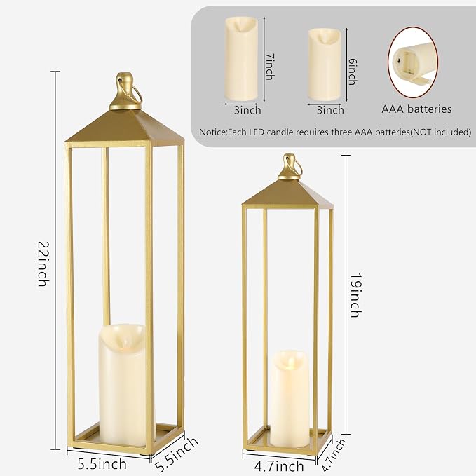 22'' 19'' Large Lanterns Decorative Outdoor Indoor, Set of 2 Gold Lantern | Metal Outdoor Lanterns Decorative for Mantle, Patio, Porch, Garden, Home Decor, No Glass with Candles