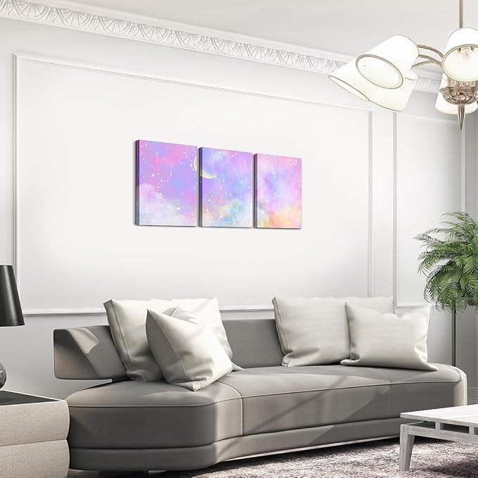 Feelyou Purple Pink Galaxy 3 Piece Canvas Wall Art for Living Room Bedroom Moon Star Wall Art for Home Decor Solar System Office Wall Decor Cloud Galaxy Wall Painting