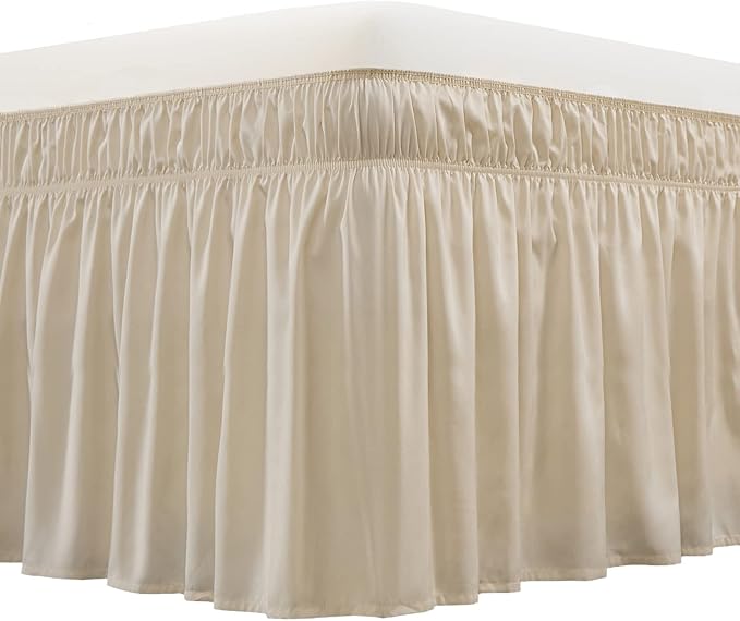 MEILA Wrap Around Elastic Bed Skirt for Queen & King Beds, 18" Drop,Beige | Three-Side Adjustable Elastic Dust Ruffle, Ruffled Polyester Fabric, Easy to Install, Fade Resistant & Machine Washable