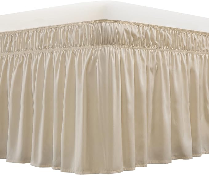 MEILA Wrap Around Elastic Bed Skirt for Queen & King Beds, 14" Drop,Beige | Three-Side Adjustable Elastic Dust Ruffle, Ruffled Polyester Fabric, Easy to Install, Fade Resistant & Machine Washable