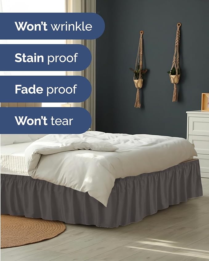 Wrap Around Dust Ruffle Bed Skirt - College Dorm Room - Twin/Twin XL | Dark Grey, 24 Inch Drop, Elastic Strap & Adjustable Pleated Bedskirt, Wrinkle Free, for Women, Men, Students, Kids & Teens