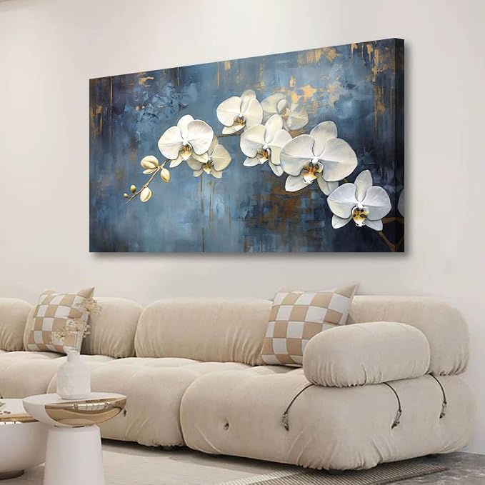 Abstract White Butterfly Orchid Canvas Wall Art for Living room Office Bedroom Flowers Wall Art Print Oil Paintings Modern Blue Gold Rain Mist Pictures Wall Decor Artwork Ready to Hang - 28in * 57inch