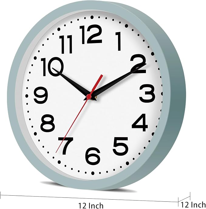 Roymnie 12 Inch Wall Clock, Battery Operated Silent Non Ticking | Blue Gray analog wall clock; bold numerals for easy reading; silent non-ticking; 1 AA battery (not included); for classroom