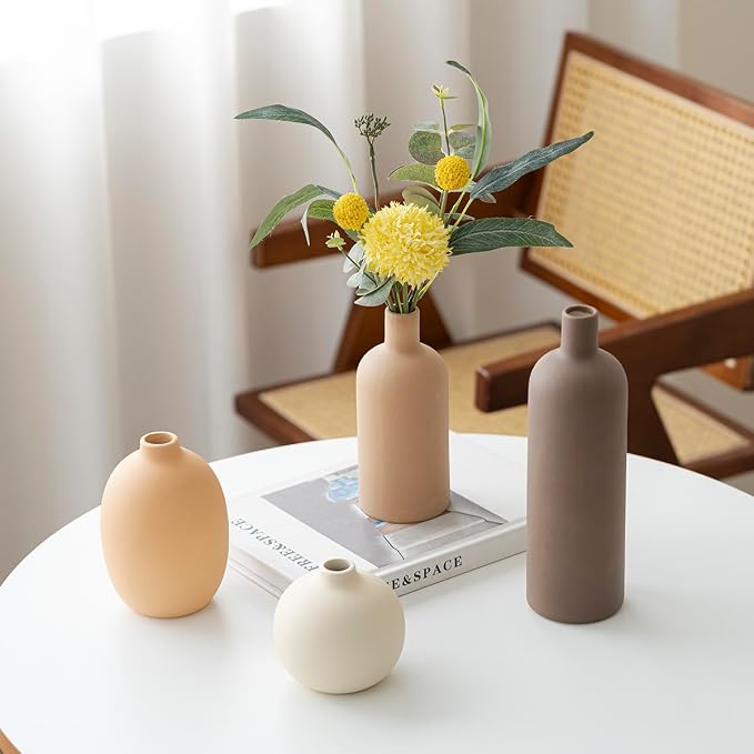 Modern Ceramic Vase Set, Neutral Colors, Decorative Vases for Home Shelf Decor, 4 Piece Collection, Happy Birthday Gifts for Women Mom Her Friend Sister Wife Grandma, Self Care Gift (Coffee Mix set 4)