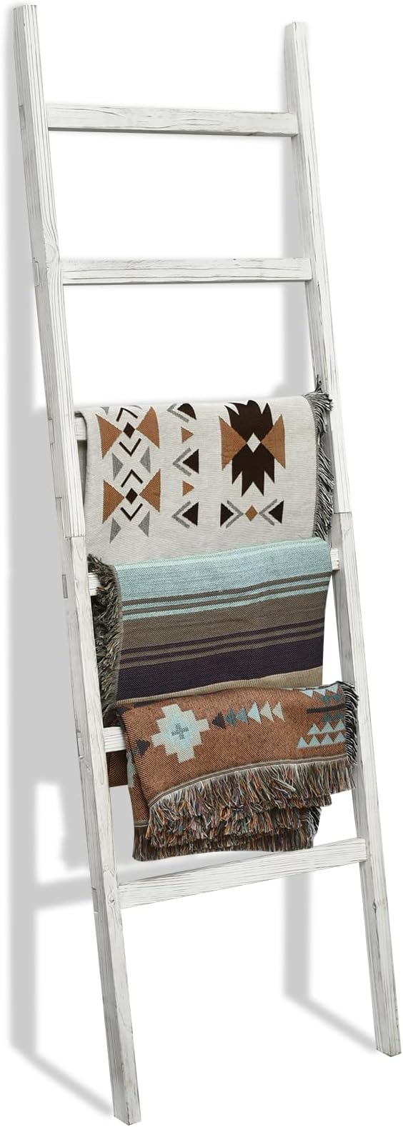 FUIN Blanket Ladder, 24in Wide Rustic Solid Wood Decor Rack, White | 6.4 ft high and 6 rungs, farmhouse quilt display holder, organize towel and scarf, leaning wall, bathroom and living room use