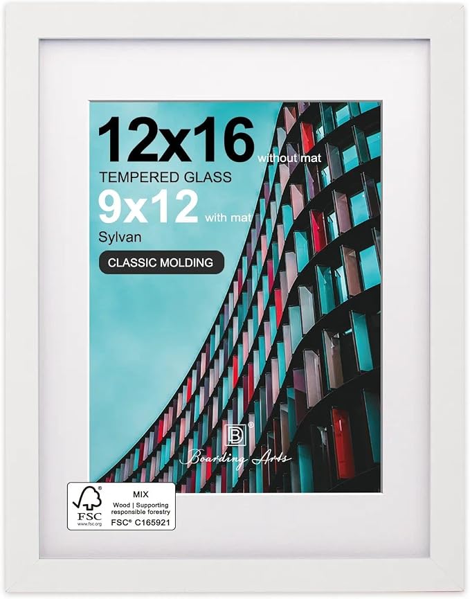 12x16 Picture Frame-White,9x12 Mat,Tempered Glass,Engineered Wood