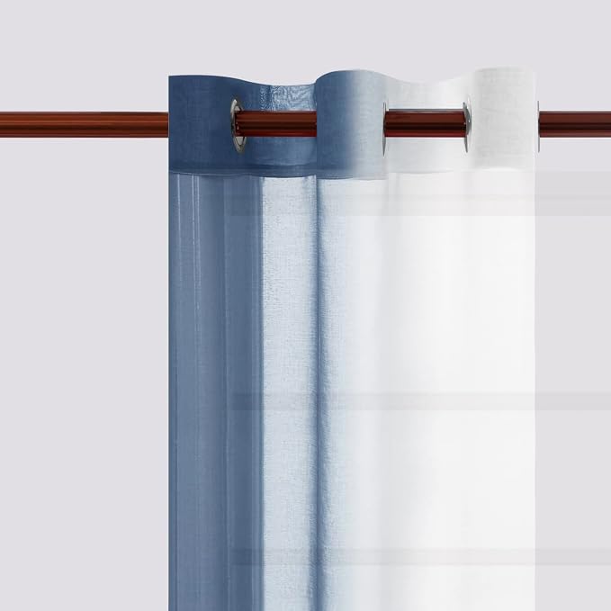 DWCN Blue Faux Linen Ombre Sheer Curtains - Gradient Semi Voile Curtains for Bedroom and Living Room, Set of 2 Grommet Top Window Curtain Panels, 42 x 84 Inches Long, Denim Blue