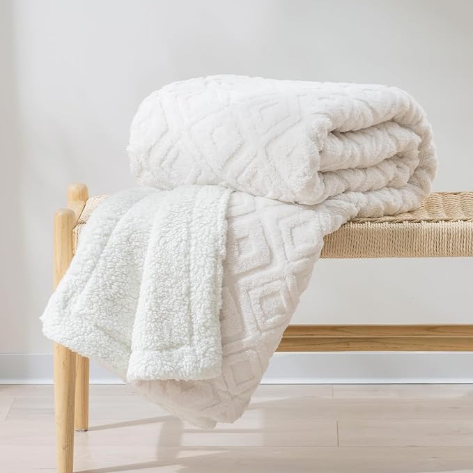 EverGrace Jacquard Reversible Sherpa Throw Blanket, 50" x 60", Off White | Jacquard Sherpa Throw Blanket, Super Soft, Cozy Plush Blanket, Reversible Thick Warm Throw for Bed, Sofa, Living Room