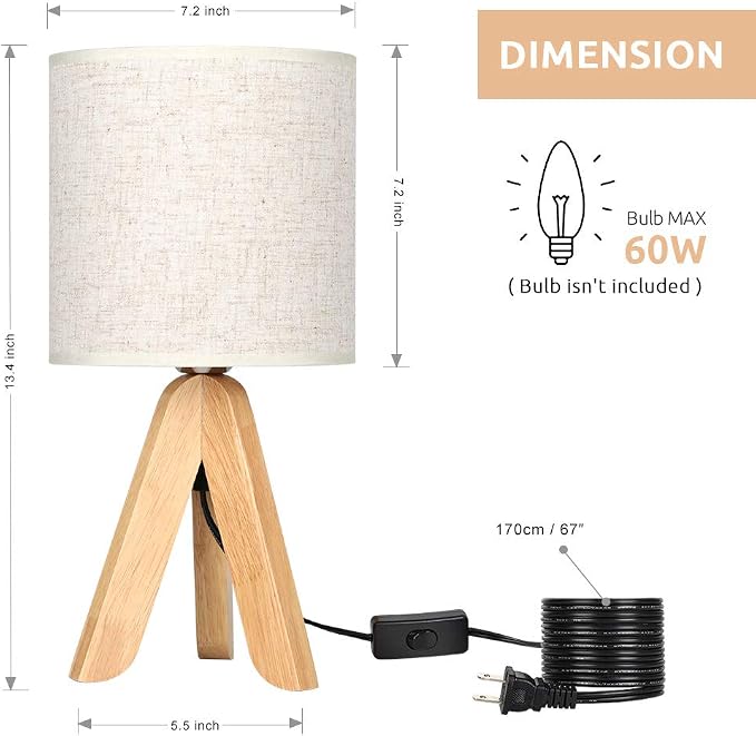 HAITRAL Small Bedside Table Lamp - Wooden Tripod Nightstand Lamp