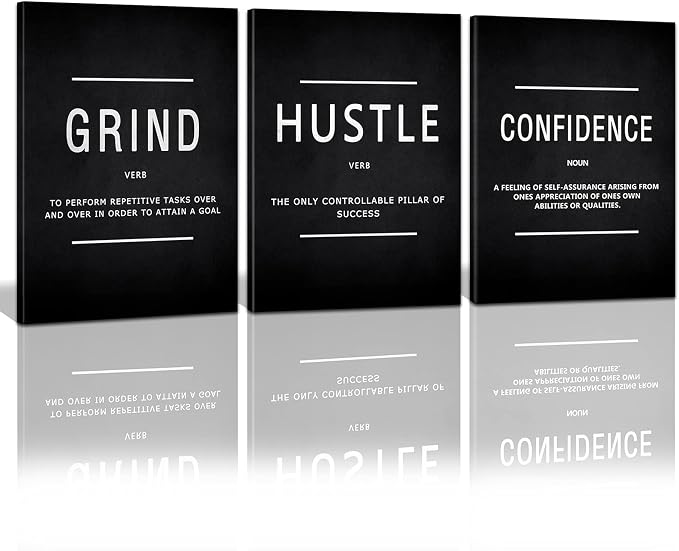 KAWAHONE Motivational Success Canvas Wall Art, Grind Hustle Confidence Wall Decor Framed Inspirational Entrepreneurs Painting Prints Quotes Poster for Office Workplace Ready to Hang