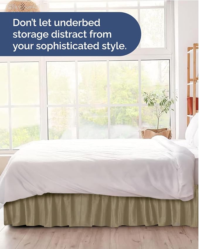 Wrap Around Dust Ruffle Bed Skirt, King Size Beds - 12 Inch Drop, Khaki | Easy Fit Elastic Strap, Adjustable Pleated Bedskirt w/Brushed Fabric, Wrinkle & Fade Free, for Women, Men, Kids & Teens
