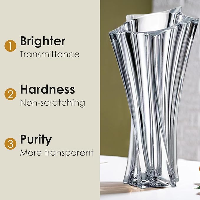 Crystal Glass Vase – Heavy Crystal Vase for Flowers with Weighted Bottom, Thick Durable Decorative Vases for Modern Home Decor, 9.8″ 3.5lb Clear Centerpiece (Transparent)