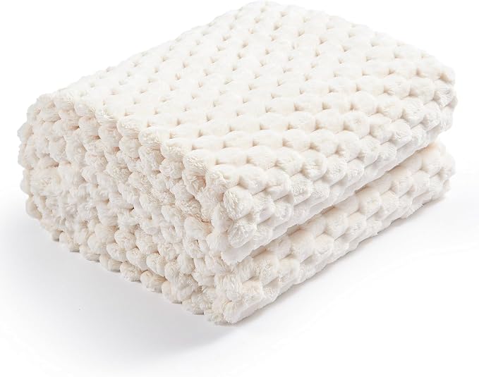 Excervent Hexagon Jacquard Throw Blanket for Bed, 50x70 Inches, Ivory | Decorative Fuzzy Flannel Fleece Throw Blanket for Sofa Bed Couch, Super Soft Cozy, Suitable for All Seasons