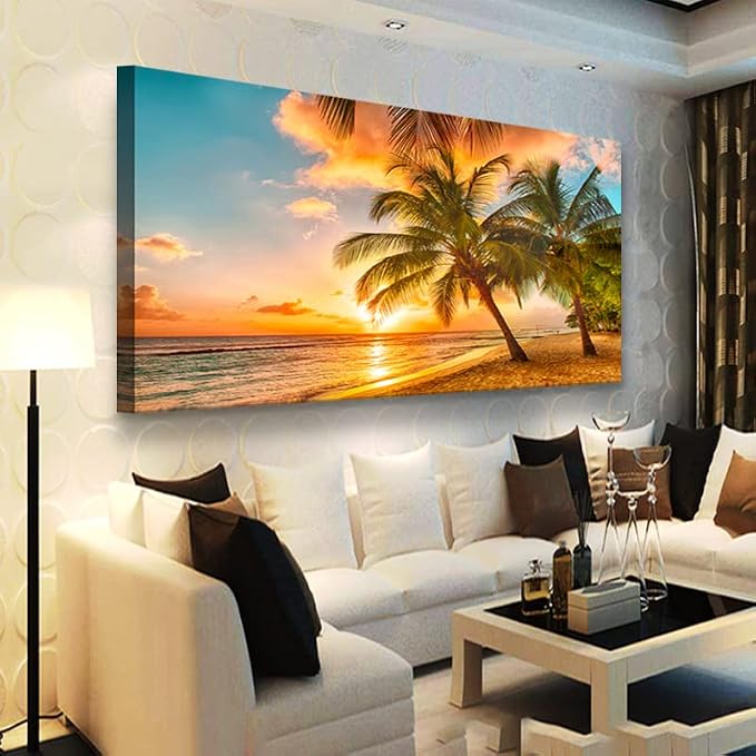 Beach Themed Wall Art Canvas Prints Seascape Picture Bathroom Décor Ocean Tree Sunset Paintings for Living Room Bedroom Office Home Kitchen Decorations 24x48 Wooden Framed Natural Landscape Artwork
