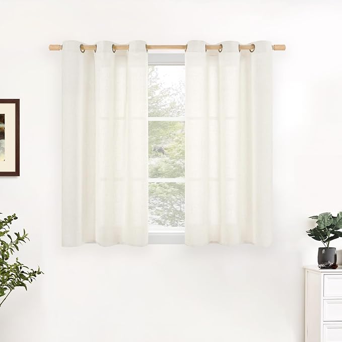 YoungsTex Ivory Linen Curtains 34 x 40 Inch Long for Kitchen Window | Short Semi Sheer Drapes with Bronze Grommet Privacy for Bathroom Windows Light Filtering, 2 Panels