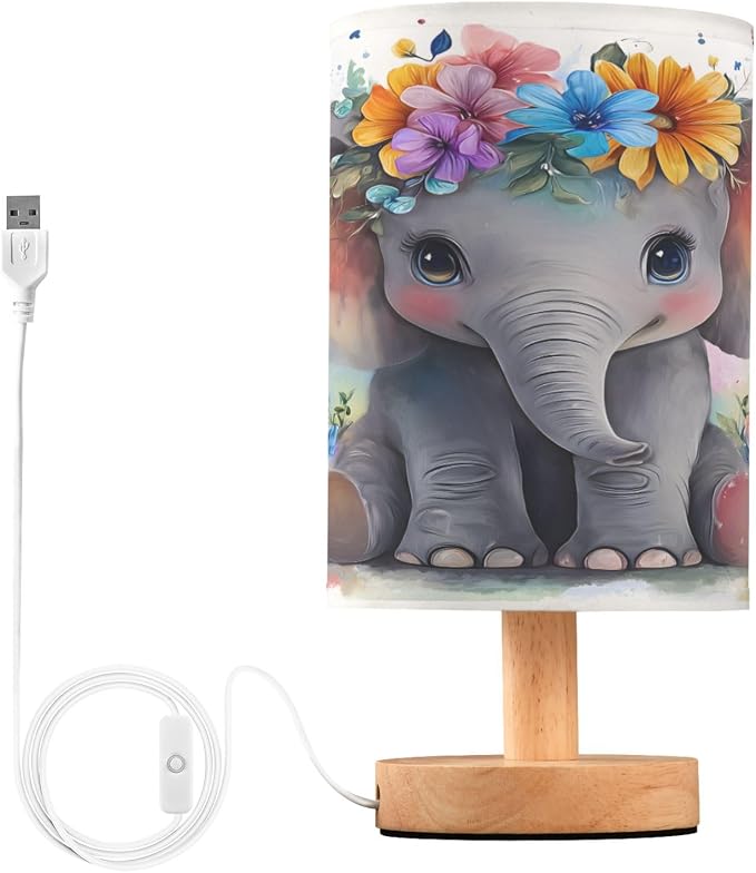 ALAZA Elephant Flower Floral Decor Bedside Table Lamp with USB Port for Bedroom Nightstand Office Desk LED Bulb Included