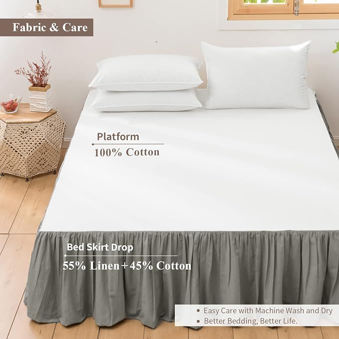 BISELINA French Linen Bed Skirt with Pleated Frills 14-Inch Tailored Drop Natural Flax Cotton Blend Dust Ruffle Soft Cozy Farmhouse Bedding (14" King, Grey)