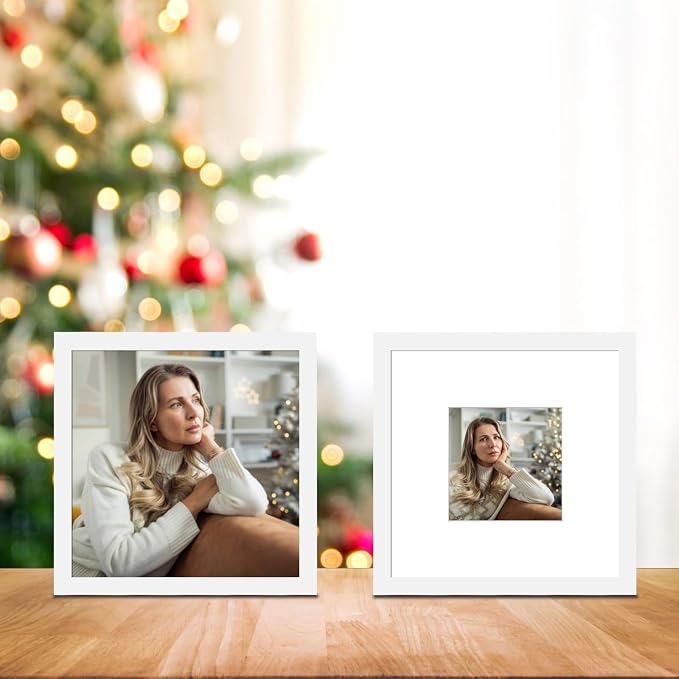 8x8 Picture Frame Set of 9, Display Pictures 4x4 with Mat or 8x8 without Mat, Multi Collage Gallery Square Photo Frames for Wall or Tabletop, White
