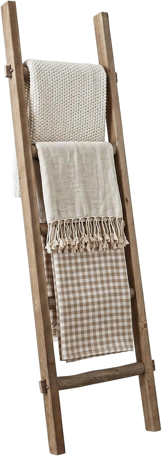 Blanket Ladder Fully Assembled 57in Wooden Ladder Shelf Living Room Bathroom Bedroom Decorative Wall Leaning Farmhouse Quilt Display Holder Rustic Towel Rack (Brown, 57in（5-Tier）)
