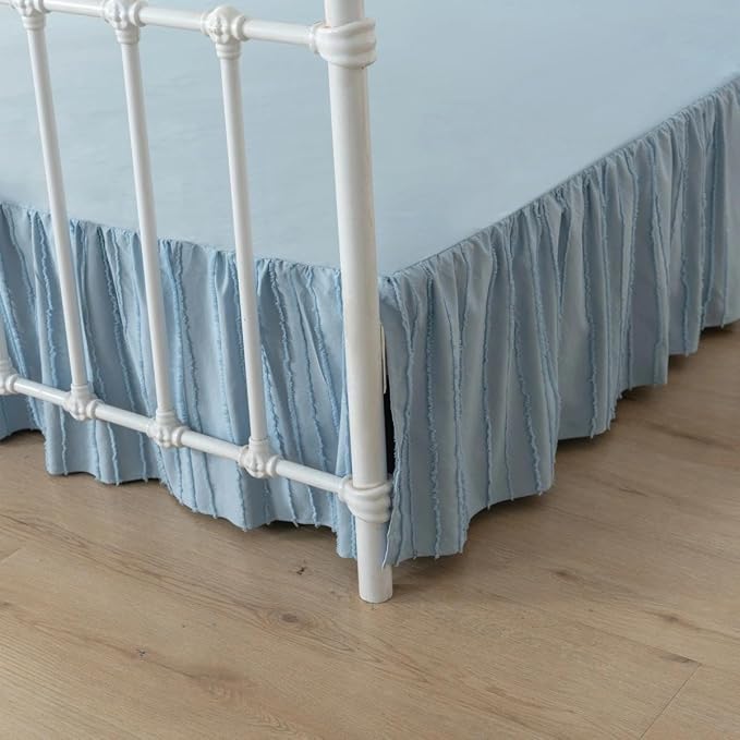 Bed Skirt King Size - Ruffled Bed Skirt - with Split Corners - Sky Blue | Striped Boho Tufted -14 Inch Drop Bedskirt with Platform-Soft Premium Hotel Quality - Easy Fit