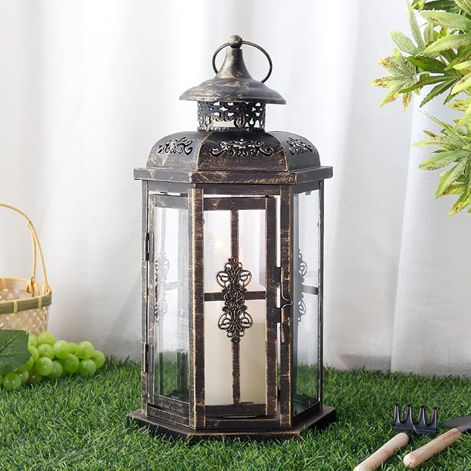 JHY DESIGN Medium Decorative Lanterns 12“H Outdoor Candle Lanterns Vintage Metal Candle Holder for Indoor Outdoor, Events, Parities and Weddings(Black with Gold Brush)