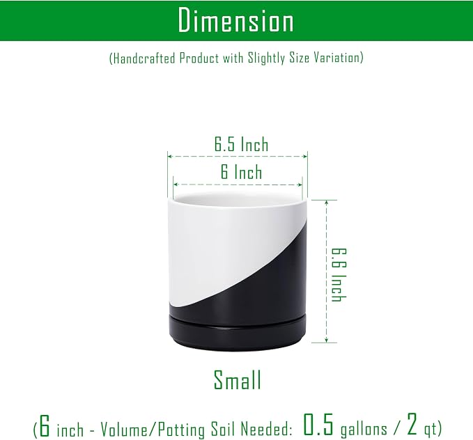 D'vine Dev 6.5 Inch Ceramic Planter Pot, Black White Diagonal, 94-O-C-K | Modern Cylinder Design, Drainage Hole & Saucer Included, Stable Structure, Elegant Home Accent