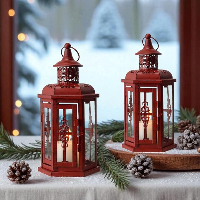 JHY DESIGN Set of 2 Decorative Candle Lanterns 10“H Vintage Hanging Lanterns Metal Candleholders for Indoor Outdoor Events Parities Gothic and Halloween (Red with Black Brush)