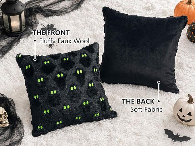 4TH Emotion Halloween Ghost Decorative Pillow Covers 18x18 Set of 2, Black Green Soft Plush Faux Fur Farmhouse Throw Cushion Cases for Fall Autumn Holiday Home Decorations