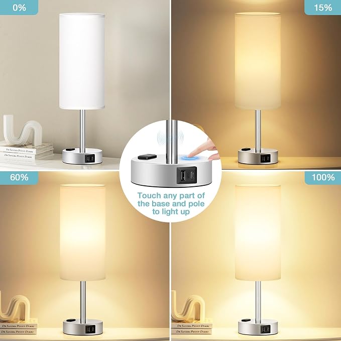 Fenmzee White Bedside Lamp for Bedroom, Dimmable Touch, USB A+C, AC Outlet