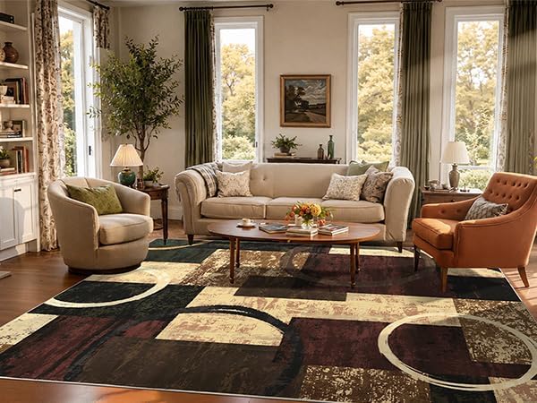 Yamaziot 9x12 Washable Modern Abstract Area Rug Non-Slip Living Room Rug | Stain Resistant, Low Pile, Ultra Soft Carpet Rug with Rubber Backing for Dining Room, Nursery, Bedroom, Office, Brown