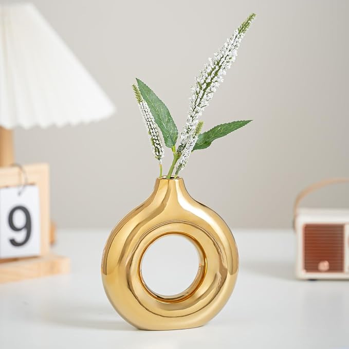White and Gold Donut Vase, Modern Ceramic Vase for Pampas Grass, Perfect Centerpiece for Weddings, Living Room, and Office Decor (Full Gold, S)