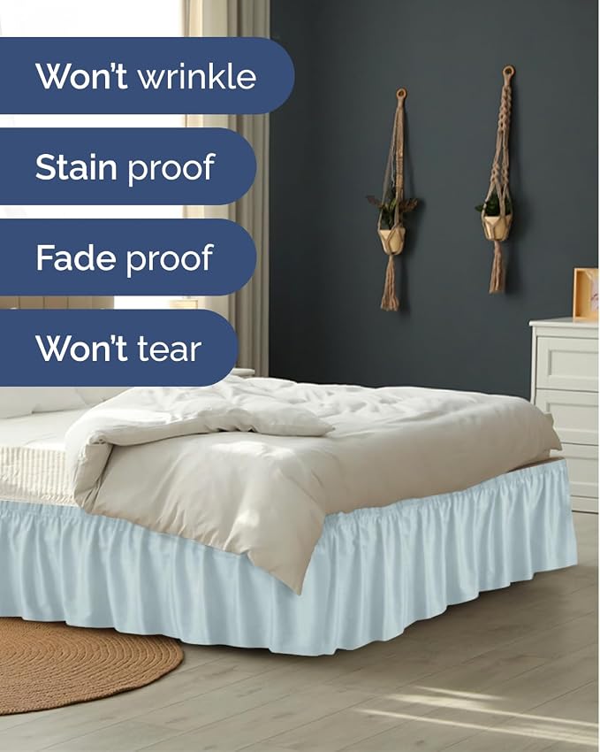 Wrap Around Dust Ruffle Bed Skirt - College Dorm Room - Twin/Twin XL | Ice Blue, 15 Inch Drop, Elastic Strap & Adjustable Pleated Bedskirt, Wrinkle Free, for Women, Men, Students, Kids & Teens