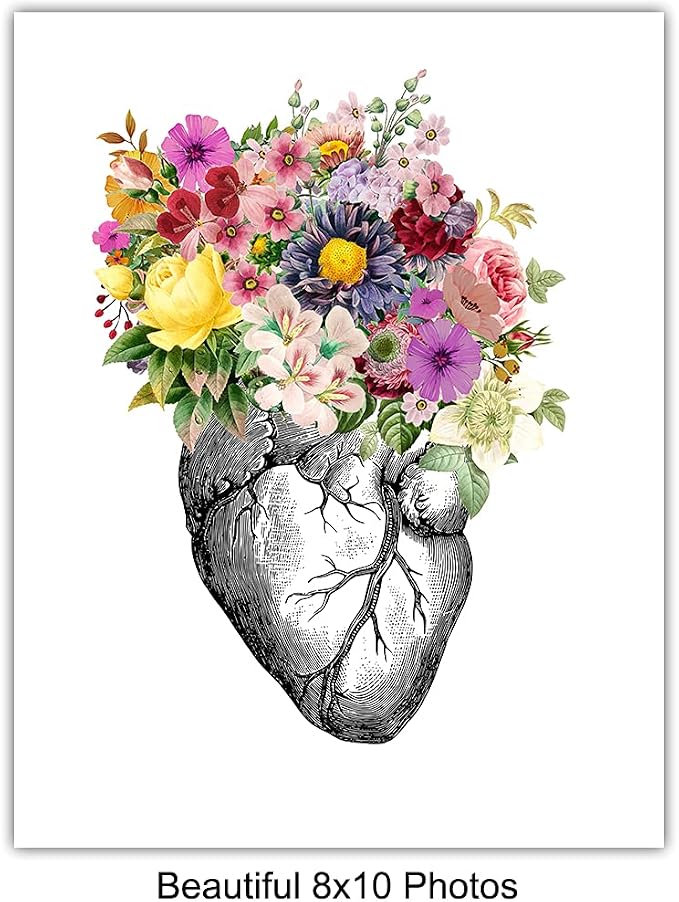 Original Flower Organs Wall Art Print Poster Set - Unique Steampunk Anatomy Home Decor for Dr Office - Gift for Doctor, Physician, Nurse, PA - 8x10 Unframed Photos - Heart, Lungs, Brain, Intestines