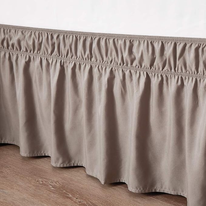 MEILA Wrap Around Elastic Bed Skirt for Twin & Full Beds, 16" Drop, Taupe | Three-Side Adjustable Elastic Dust Ruffle, Ruffled Polyester Fabric, Easy to Install, Fade Resistant & Machine Washable
