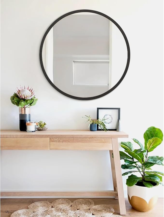 JJUUYOU Round Wall Mirror 20" Hanging Circle Mirror Round Mirrors for Bathroom Wooden Farmhouse Frame Mirrors for Bedroom Living Room or Entryway Wall Decorative
