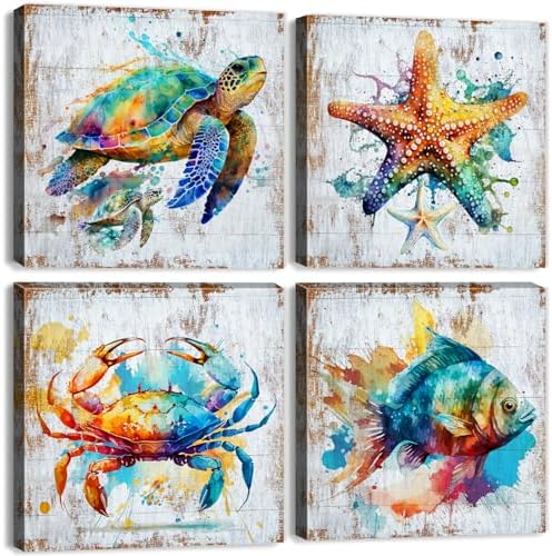 Nautical Wall Art Sea Turtle Wall Decor Watercolor Starfish Seafish Crab Canvas Pictures for Bathroom Decor Rustic Sea Animal Painting Artwork for Bedroom Living Room Home Decorations 20x20" 4Pcs