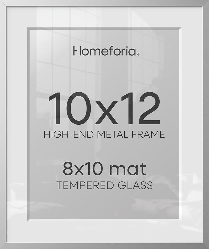 Homeforia 10x12 Silver Picture Frame, High-End Metal, 8x10 Mat, Glass